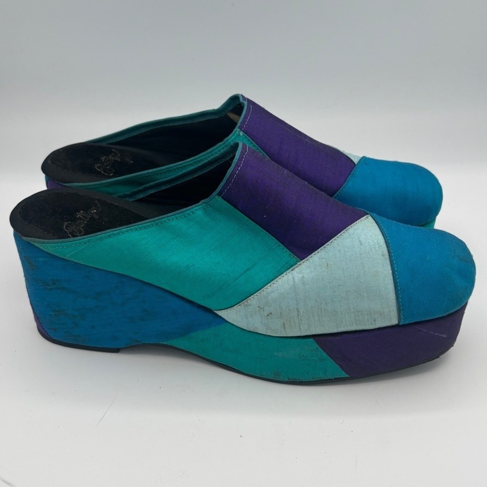 Vintage 60s Silk Platform Wedge Mules Clogs Sz 8 Multi Color Patchwork Bertlyn